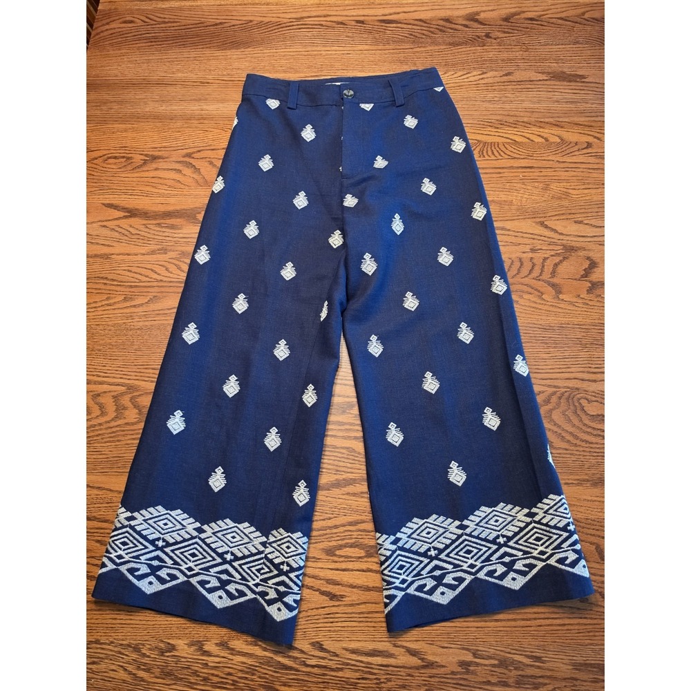 Zara Culotte Pants Womens Small Embroidered Cropped Linen Blend Boho Coastal